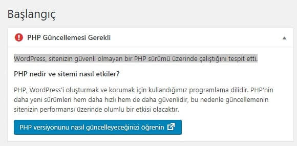 WordPress PHP Sürümü Yükseltme 1 php guncelemesi gerekli uyarisi