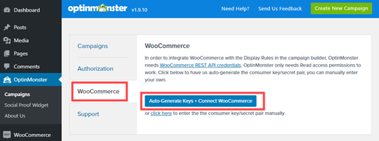 OptinMonster ve WooCommerce mağazanızı bağlamak için WooCommerce anahtarlarını otomatik olarak oluşturun