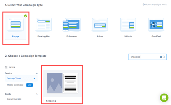 Bir açılır kampanya seçin ve OptinMonster'da bir şablon seçin
